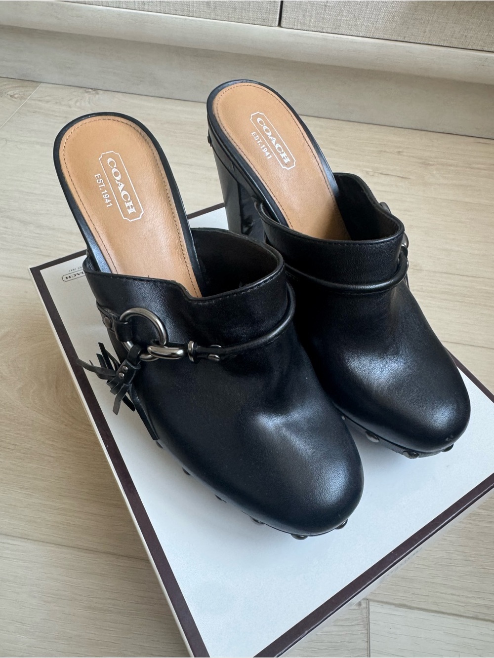 COACH Black Leather Heeled Mules with Metal Ring & Tassel